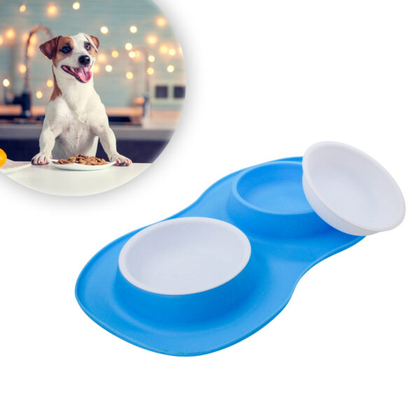 Comedor Pote Para Ração Agua Tigela Duplo Cachorro Gato Silicone Cor:Azul - Imagem 2