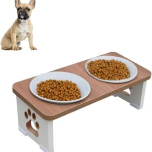 Comedouro Elevado Duplo para Cachorros – MDF Resistente, Tigelas de Porcelana, Bordas Flat, Design Ergonômico e Fácil de Limpar