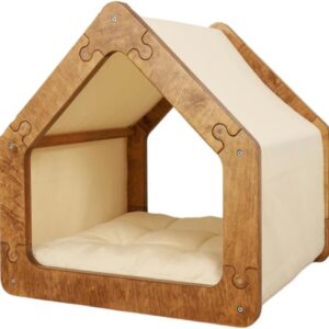Cama Caminha para Pet Cachorro e Gato Tamanho Grande em Madeira e Tecido, Luma Pet, Design Casinha, com Almofada Macia, Bege e Marrom
