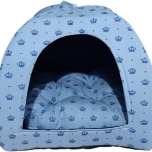 Conforto Multifuncional para Animais de Estimação: Cama Pet 2x1 Transformável em Casinha, Cabana, Toca e Iglu com Almofada para Cães e Gatos - Coroa Azul
