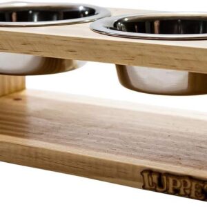 Comedouro Duplo De Madeira Com Potes Inox Para Gatos E Cachorros Natural