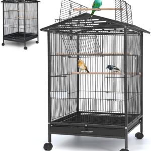 86 * 46.5 * 45.5 cm Gaiola de Pássaro Grande com Teto Duplo, Gaiola Porta-Pássaros Doméstica Portátil, Gaiola de Pássaro Grande com Caixa de Comida e Poste, Gaiola para Periquito