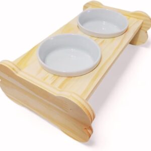 Comedouro Pet Elevado Para Cachorro Em Madeira Com 2 Tigelas de Porcelana Tamanho P