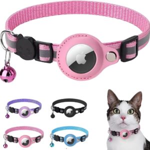 Coleira Case Para Airtag Com Detalhes Reflexivos E Sininho, Coleira Com Capa de Couro Compativel a Rastreador Airtag Para Gatos E Cães (Rosa)