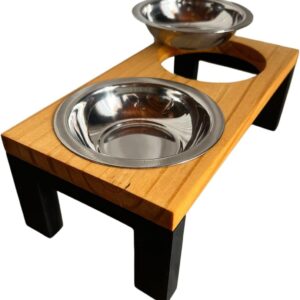 Comedouro Elevado Madeira Dois Potes Inox para Cachorro e Gato