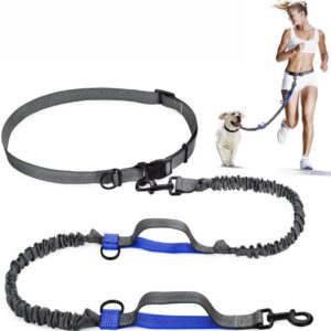 Guia Coleira Cinto Mãos Livres Elástica Para Cintura Cachorro Pet Cão Caes Corrida Passeio Caminhada Ajustável (Preto com azul)