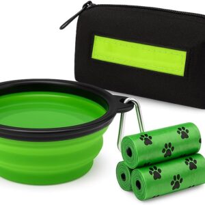 Comedouro e Bebedouro Portátil para Pets – Comedouro Retrátil Dobrável com Mosquetão, Bolsa Porta-Saquinhos e 2 Rolos Higiênicos – Ideal para Passeios