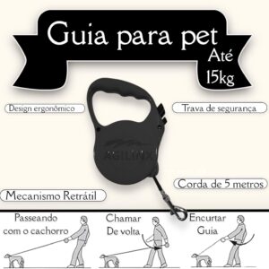 Guia Retrátil Coleira Para Pet Cachorro Cães Gatos, 5 Metros Com Trava De Segurança, Coleira Retrátil Guia Retratil Para Animais De Estimação, Guia De Passeio Com Pet Qualidade Premium (PRETO)