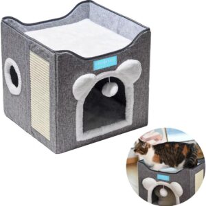 Casa Cama para Gatos Pet 2x1 Toca 2 Andares Dobravel Ninho Brinquedo Arranhador Cinza - Duke & Dixie