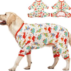 LovinPet Pijama para cães grandes, camiseta para casacos de cães, anti-lambida, macacão calmante para ansiedade de animais de estimação para cães, estampa de dinossauros brancos, roupas para cães de raças grandes, pijamas para cães, pijamas para animais de estimação/3GG