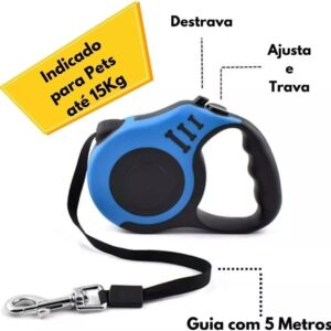 Guia Retrátil Coleira Para Pet Cachorro Cães Gatos, 5 Metros Com Trava De Segurança, Coleira Retrátil Guia Retratil Para Animais De Estimação, Guia De Passeio Com Pet Qualidade Premium (AZUL)