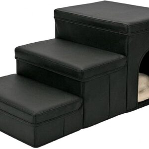 Escada Pet Rampa Dobrável Para Cães Gatos Com 3 Degraus Cama Casinha Toca Seguro Para Animais De Estimação Idosos Escadinha Cachorro Leve De Alta Densidade Adequada Para Sofá Cama (Preto)