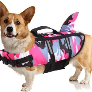 Colete Salva-Vidas Pet com Nadadeira de Tubarão – Roupinha de Natação para Cães Camuflada, Segurança e Flutuação para Pets no Verão (Rosa, M)