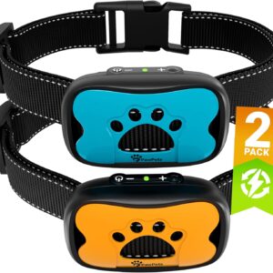PawPets Coleira anti-latido recarregável – Coleira para cães de treinamento sem choque – Humana com vibração e som para cães pequenos, médios e grandes – Pacote com 2 azul laranja (recarregável)