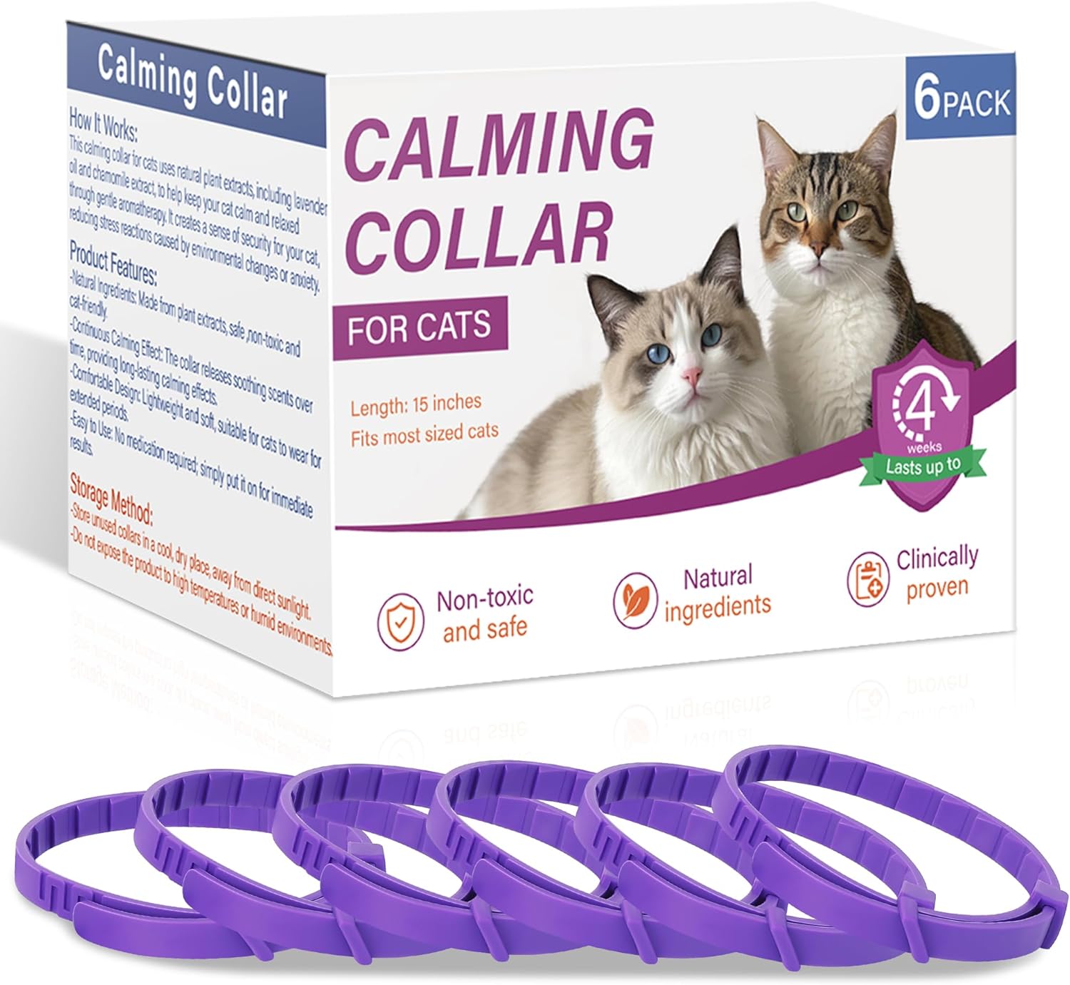 Trihood Coleira calmante para gatos, pacote com 6 - coleiras calmantes ajustáveis para alívio da ansiedade, feromônios de estresse, efeito de 45 dias, impermeável e confortável