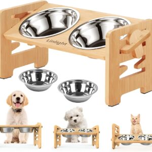 Comedouro Bebedouro Elevado Cães Gato Pet Inox 2 Potes Altura Ajustável Bambu