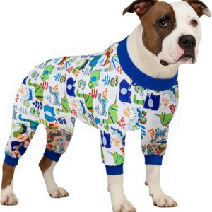 LovinPet Roupas para Cães Extragrandes-Pijamas para Cães Grandes, Tecido Elástico Leve, Estampa de Dinossauro Branco, Macacão para Cães, Camisa para Alívio da Ansiedade de Animais de Estimação, Fantas
