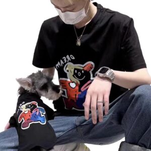 Roupas combinando para cães e donos, camisetas pretas de algodão para cães pequenos e médios meninos meninas urso desenho animado, roupa de coordenação de animais de estimação e proprietários, pijamas