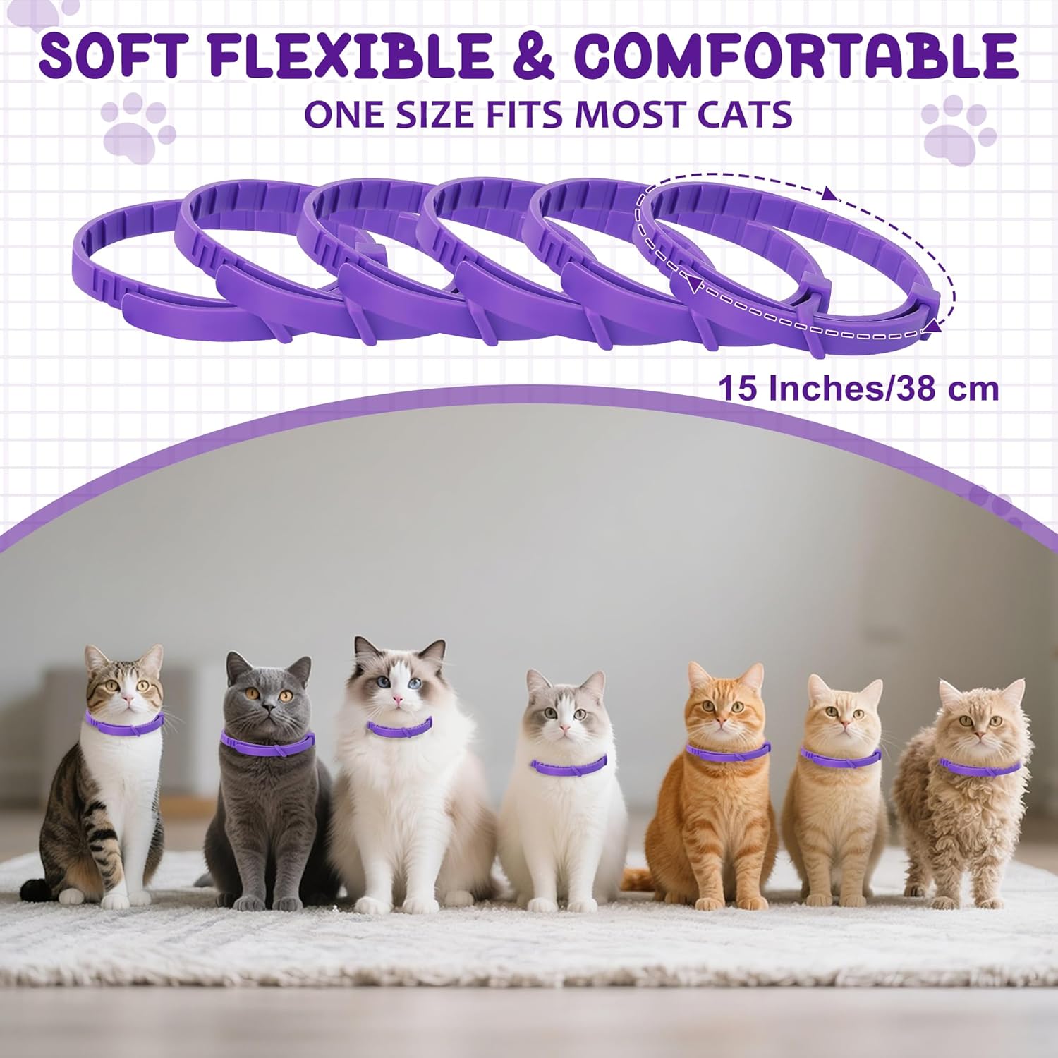 Trihood Coleira calmante para gatos, pacote com 6 - coleiras calmantes ajustáveis para alívio da ansiedade, feromônios de estresse, efeito de 45 dias, impermeável e confortável - Imagem 5