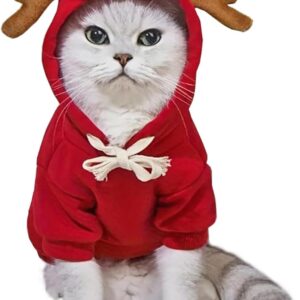 Anelekor Fantasia de cachorro de rena de Natal para cachorro pequeno, menina, menino, vermelho, com chifres, moletom com capuz para animais de estimação, roupas de inverno para gatos (vermelho, GG)