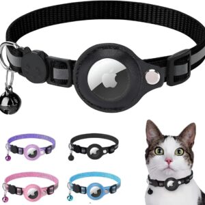 Coleira Case Para Airtag Com Detalhes Reflexivos E Sininho, Coleira Com Capa de Couro Compativel a Rastreador Airtag Para Gatos E Cães (Preto)