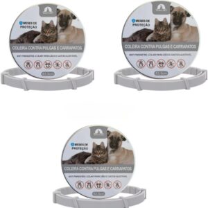 Kit com 3 Coleiras Antipulgas para Cães e Gatos com até 8 Meses de Proteção Contra Carrapatos Mosquitos Piolhos Pulgas (63 cm)