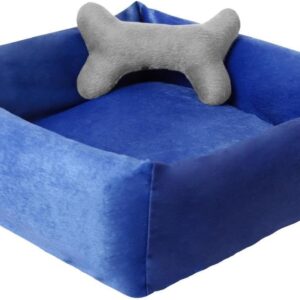 Cama Pet Quadrada Velboa Antialérgica, 55 x 50 cm, com Zíper e Base Antiderrapante, para Cães Pequenos e Médios (Azul)