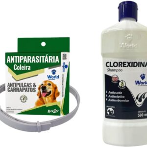 Kit Coleira Antipulgas e Carrapato para Cães World Veterinária + Shampoo 500ml para Cães e Gatos