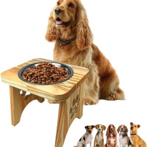 Comedouro ou Bebedou Pet Elevado Alto para Cães Cachorro Porte Medio, Base em Madeira, Tigela em Inox, Tamanho M, Design Moderno, Elegante e Resitente, Ração, Água