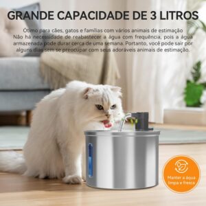 NEWPET Bebedouro Fonte Agua Filtro Silenciosa Inox, Fonte Pra Gatos com Torneira Janela de Nível de água Bomba Ultra Silenciosa,Bivolt (Inox, 3L)