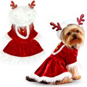 Idepet Vestido de Natal para cães com cabeça, fantasia de cachorrinho, Papai Noel, animal de estimação, cosplay, festa, saia de veludo, roupas de Natal, roupas para meninas, vestidos vermelhos