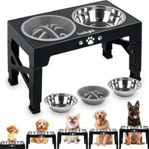 Comedouro Elevado Duplo para Cães Pet Altura Ajustável 3 Potes C/1 Lento e 2 Inox Cor Preto