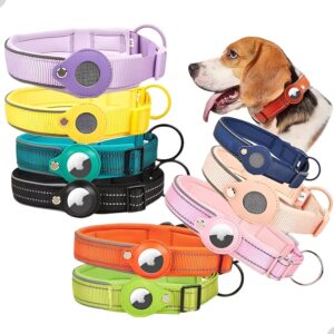 Coleira acolchoada refletiva para cães com suporte para AirTag - Coleira de animal de estimação acessório ajustável para cães pequenos, médios e grandes (Preta, G)