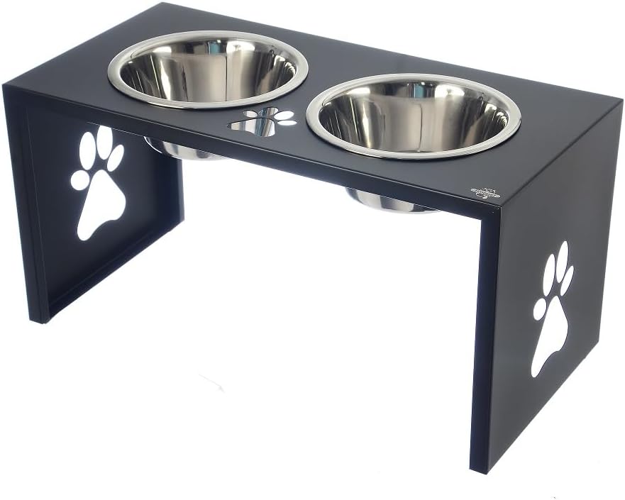 Comedouro Elevado Duplo para Cães, Tigelas em Aço Inox Removíveis, Base de aluminio com Desenho de Pata (preto) - Imagem 2