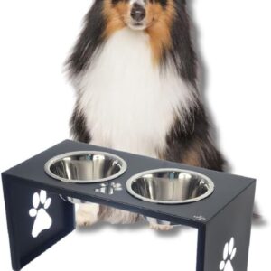 Comedouro Elevado Duplo para Cães, Tigelas em Aço Inox Removíveis, Base de aluminio com Desenho de Pata (preto)