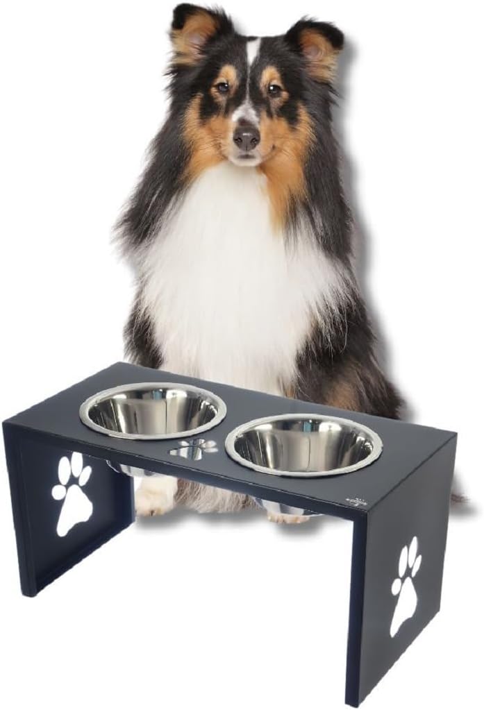 Comedouro Elevado Duplo para Cães, Tigelas em Aço Inox Removíveis, Base de aluminio com Desenho de Pata (preto)
