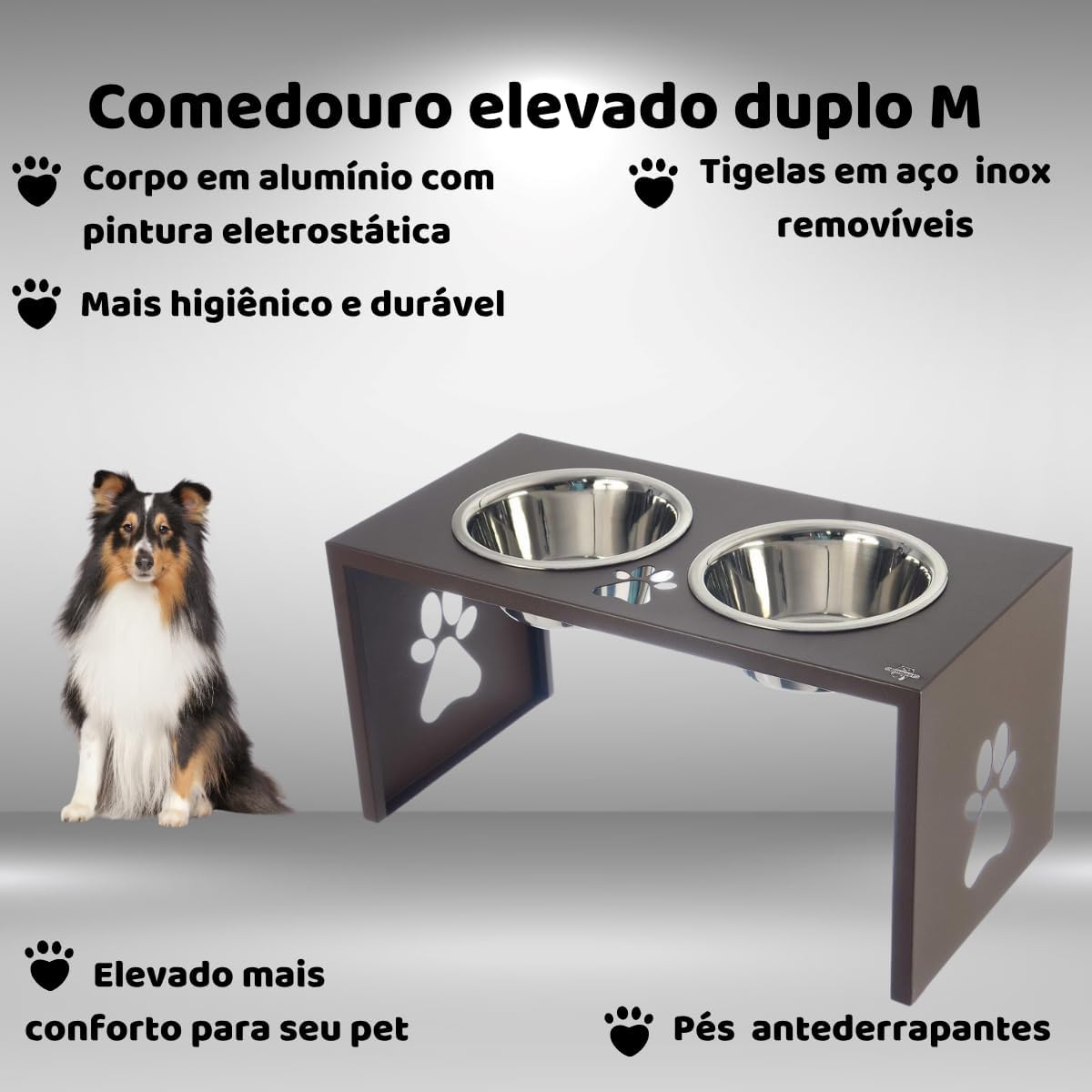 Comedouro Elevado Duplo para Cães, Tigelas em Aço Inox Removíveis, Base de aluminio com Desenho de Pata (preto) - Imagem 4
