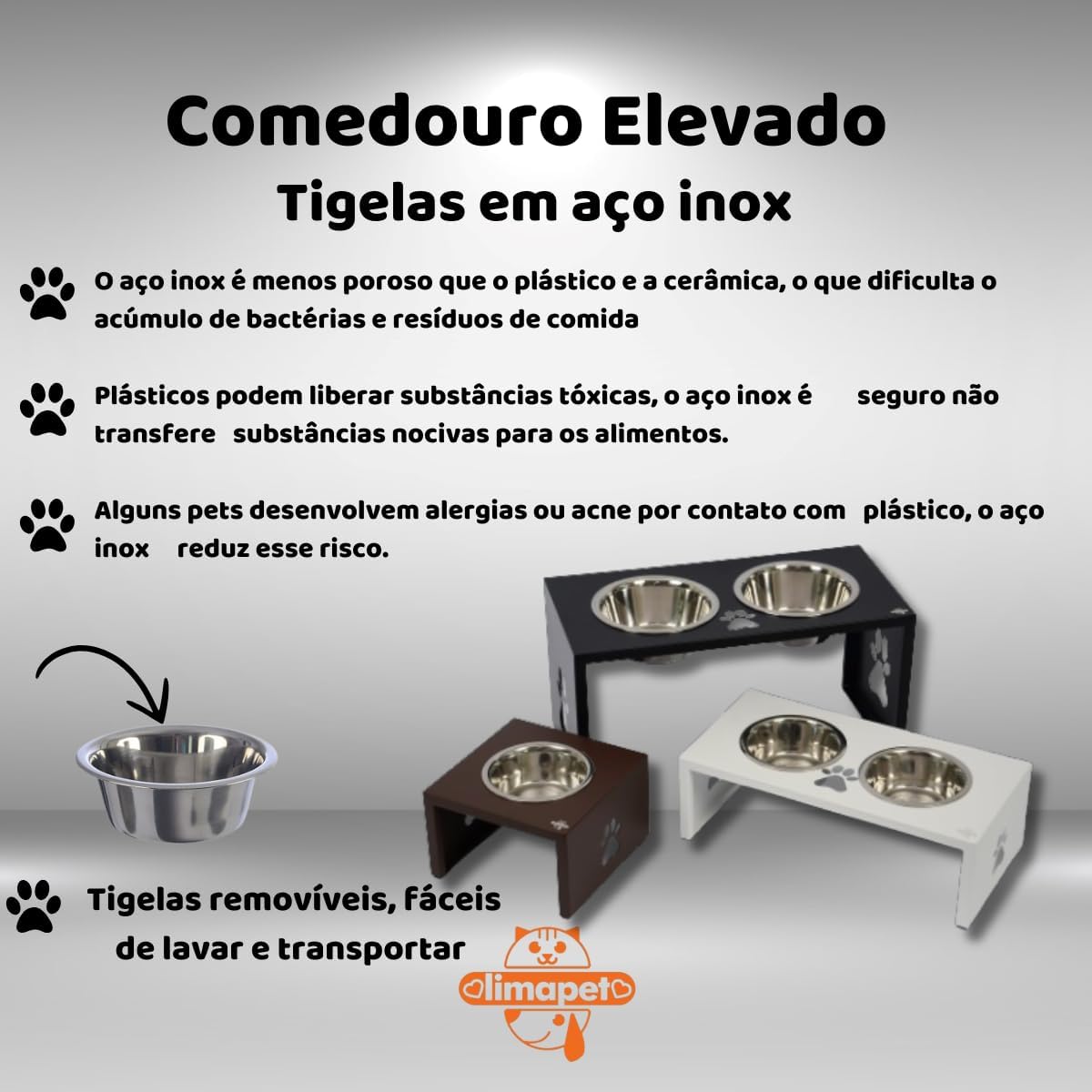 Comedouro Elevado Duplo para Cães, Tigelas em Aço Inox Removíveis, Base de aluminio com Desenho de Pata (preto) - Imagem 5
