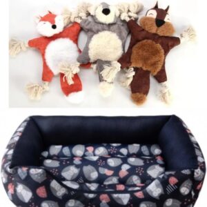 KIT Caminha PET TODA ACOLCHOADA ESTAMPADA poliester 42X30X10 P + BICHINHO PELUCIADO DE CORDA 25X15 Cachorros (AZUL)