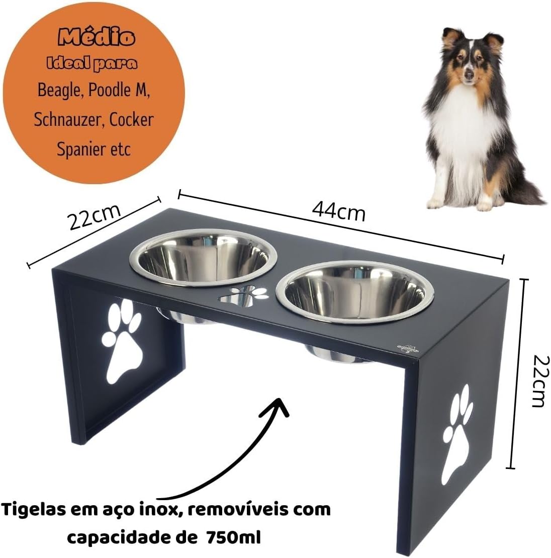 Comedouro Elevado Duplo para Cães, Tigelas em Aço Inox Removíveis, Base de aluminio com Desenho de Pata (preto) - Imagem 3