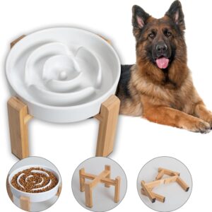 Tigela de alimentação lenta elevada para cães - prato de comida de cerâmica com suporte de bambu - design de labirinto elevado - ideal para cães de médio a grande porte - branco - 22,4 cm