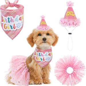 SCENEREAL Chapéu bandana de aniversário de cachorro com vestido conjunto de meninas suprimentos de festa de aniversário para cachorro xadrez roupa de aniversário fofo tutus para cães pequenos e
