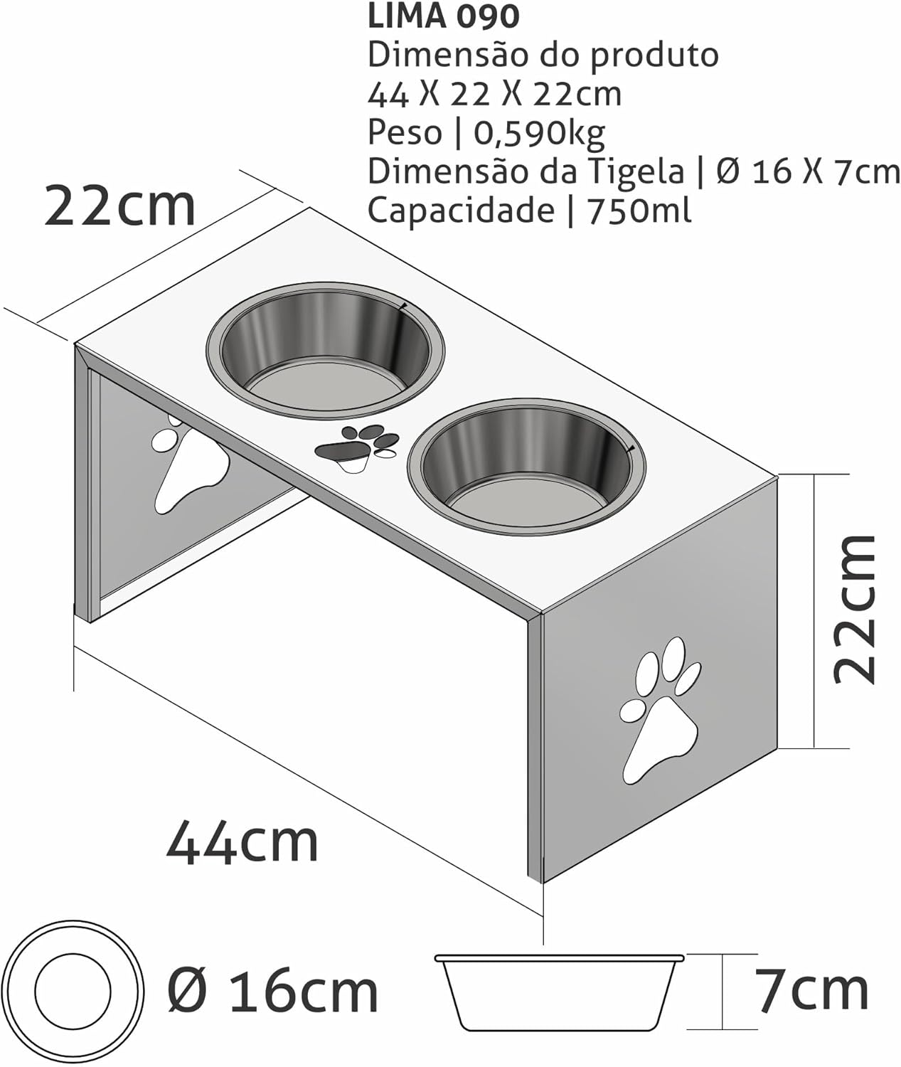 Comedouro Elevado Duplo para Cães, Tigelas em Aço Inox Removíveis, Base de aluminio com Desenho de Pata (preto) - Imagem 9