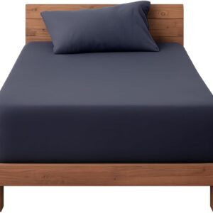 Decolab Jogo de Lençol Malha 100% Algodão Extra Macio - Roupa De Cama Antiácaro, Inclui Lençol Com Elástico (Forro) E Fronhas (Azul-marinho, Solteiro Simples)