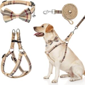 Conjunto de arnês para cães com coleira e gravata borboleta – Arnês xadrez bege para filhotes, colete ajustável à prova de fuga para cães pequenos e médios