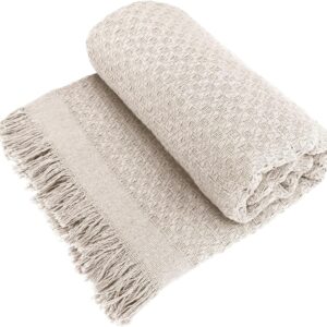 Decolab Manta para Sofá em Algodão com Franjas Artesanais | Cobertor Decorativo para Sofa, Poltrona e Cama | Estilo Boho Chic (Branca-Cru)