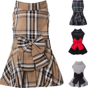 Vestido de cachorro com laço, moda para todos os climas, roupas de casamento, férias, princesas, animais de estimação, para cães pequenos, gatos e meninas (cáqui, pequeno)