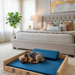 Cama Pet Duquesa Luxo Conforto para Cachorros e Gatos Estrutura MDF Tecido Gorgurão Travesseiro Incluso - Azul