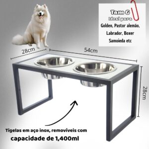 Comedouro Elevado para Cães, Tamanho Grande Duplo em Alumínio com Tigelas Inox Removíveis, Base Antiderrapante (preto)