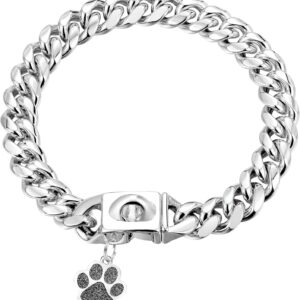 Coleira para cães de aço inoxidável, corrente de metal de elos cubanos de 10 mm com fivela de encaixe, para cães pequenos, médios e grandes (56 cm)